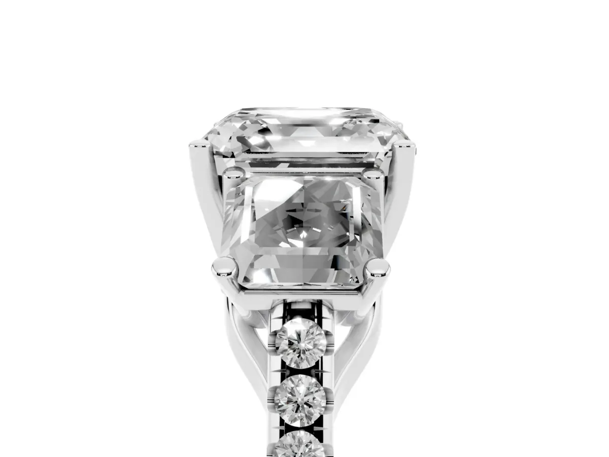 Three-Stone Asscher Cut Diamond Ring with Round Pavé Band and Prong Setting Silver