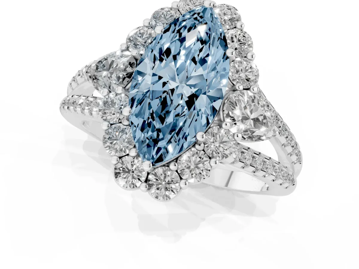 Fancy Blue Marquise Cut Halo Split Shank Diamond Engagement Ring with Prong Setting Silver