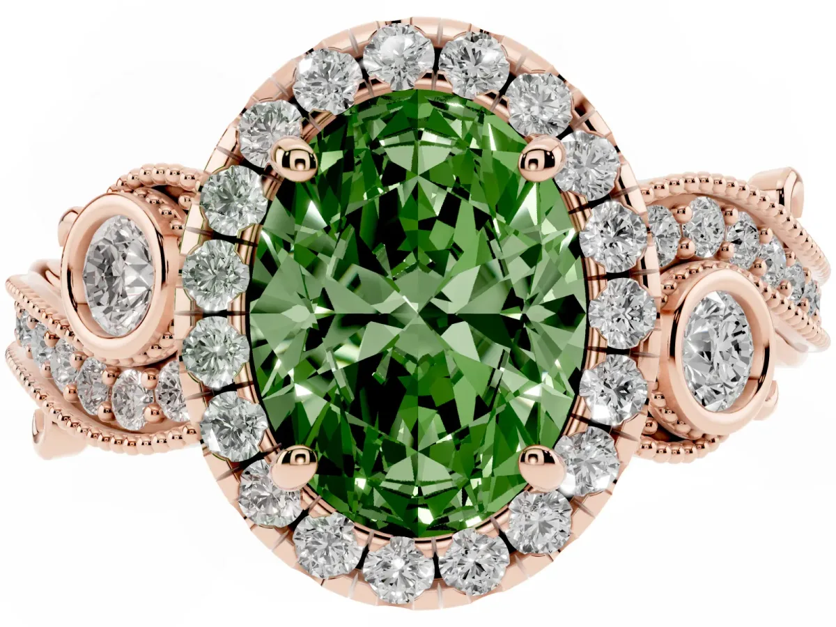Fancy Green Oval Cut Diamond Halo Ring with Milgrain Pavé Band and Four-Prong Setting Rose gold