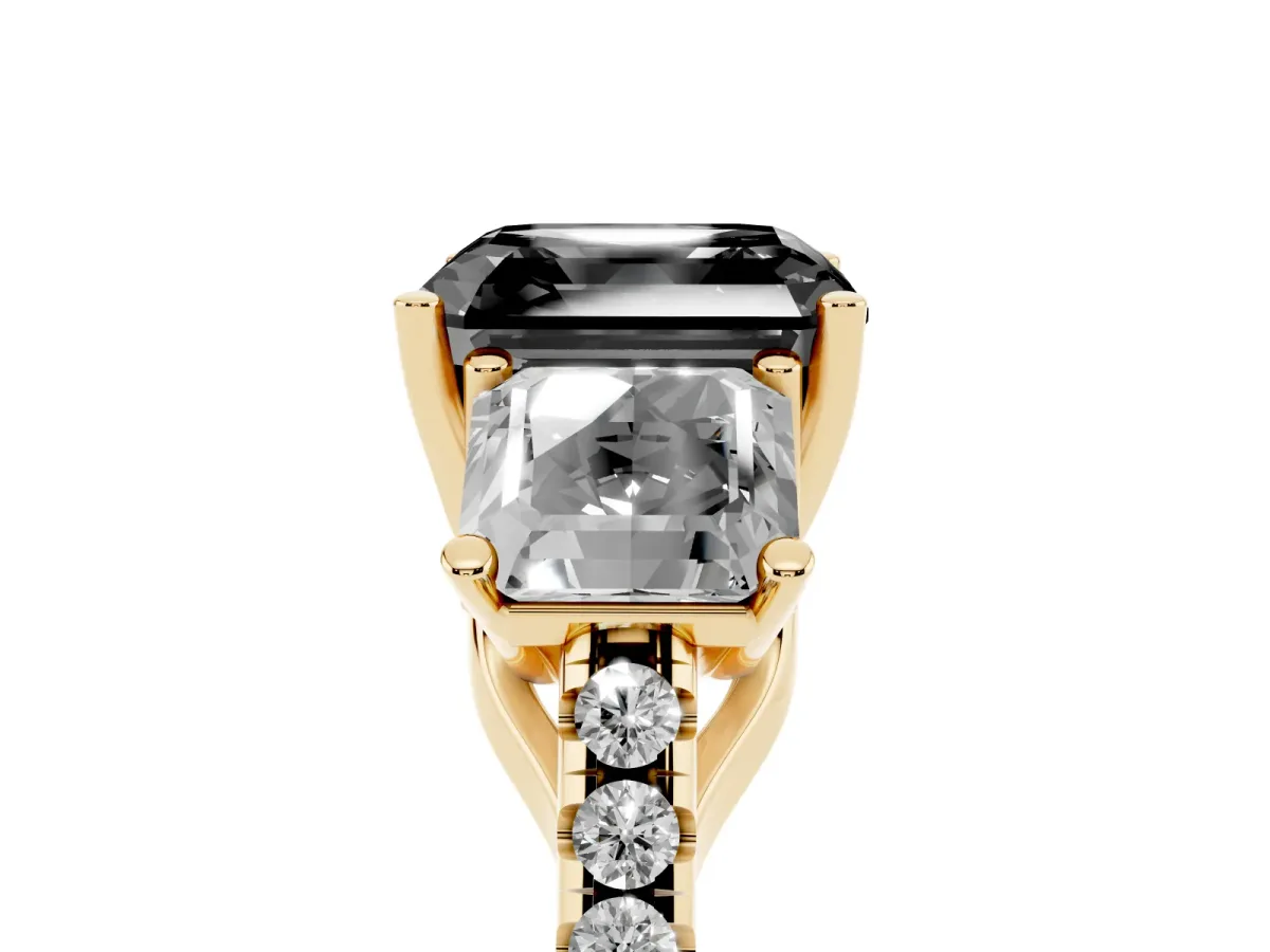 Fancy Black Three-Stone Asscher Cut Diamond Ring with Round Pavé Band and Prong Setting Yellow gold