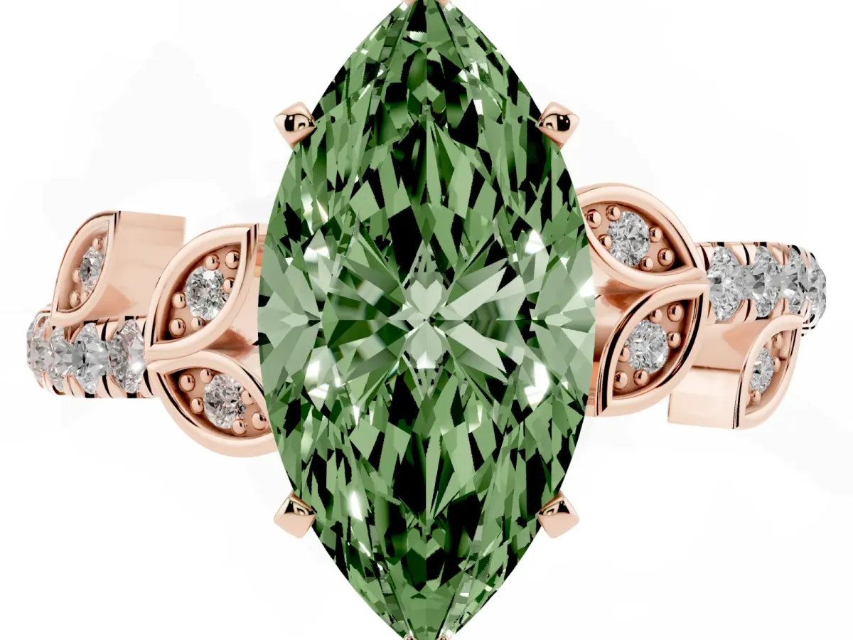 Fancy Green Marquise Cut Solitaire Leaf-Inspired Diamond Ring with Pavé Band and Four-Prong Setting Rose gold