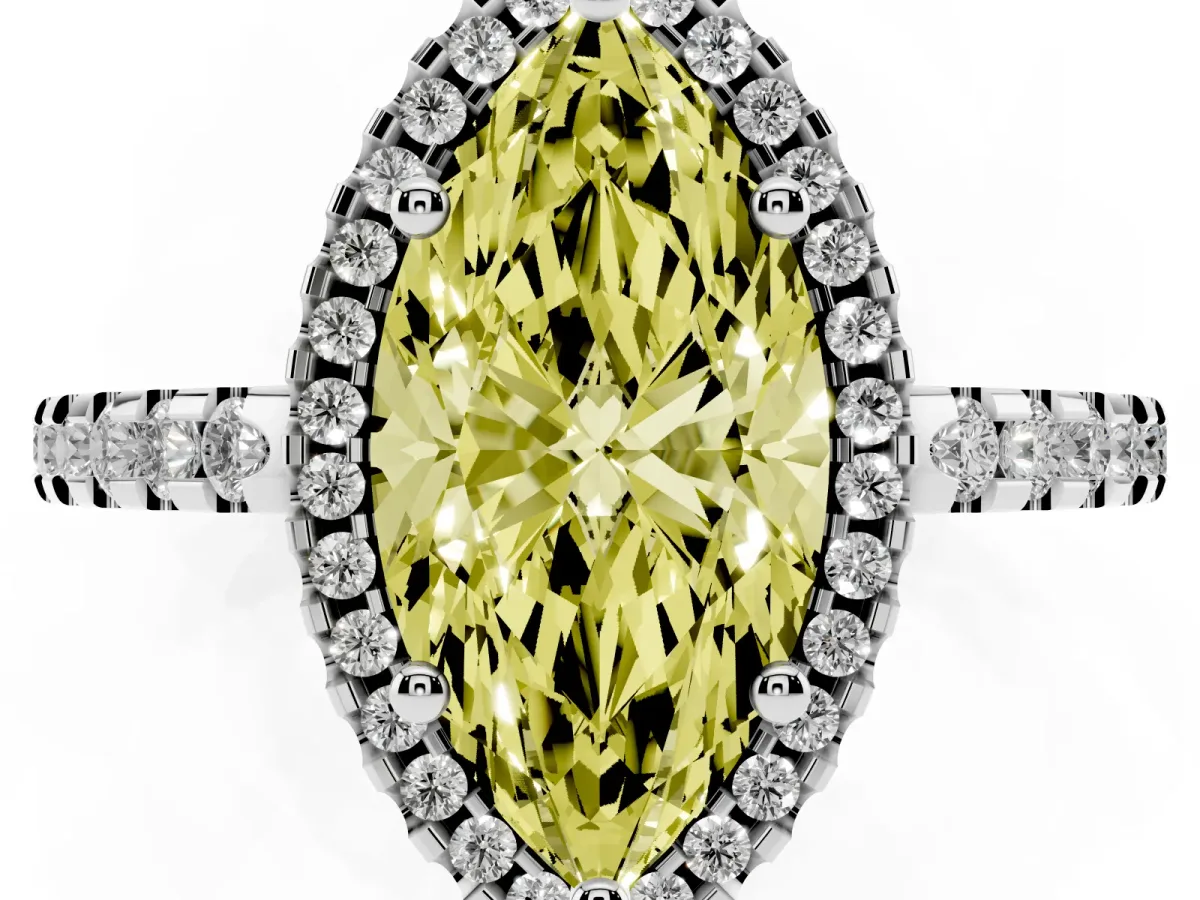 Fancy Yellow Marquise Cut Diamond Halo Engagement Ring with Pavé Band and Prong Setting White gold