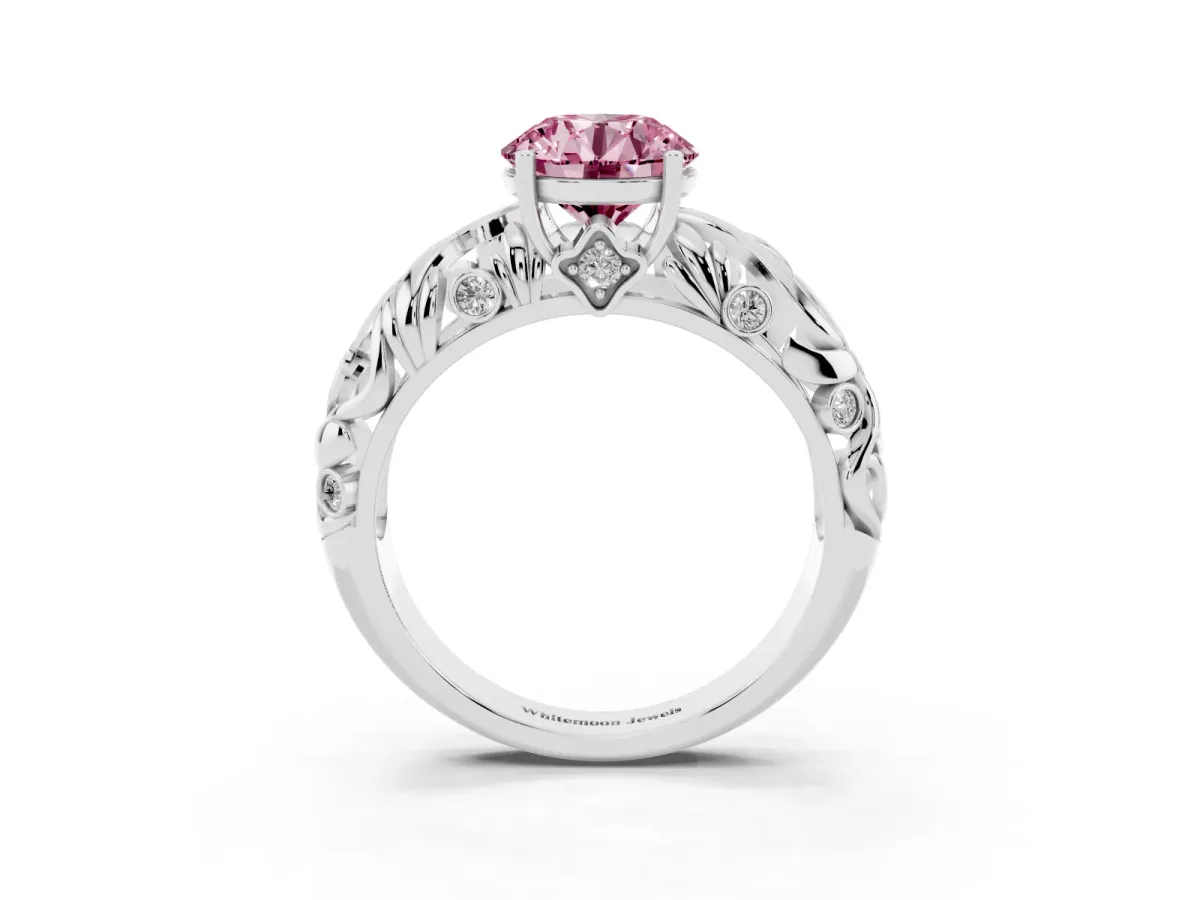 Fancy Pink Round Cut Solitaire Diamond Leaf-Inspired Vine Band Ring with Prong Setting Silver