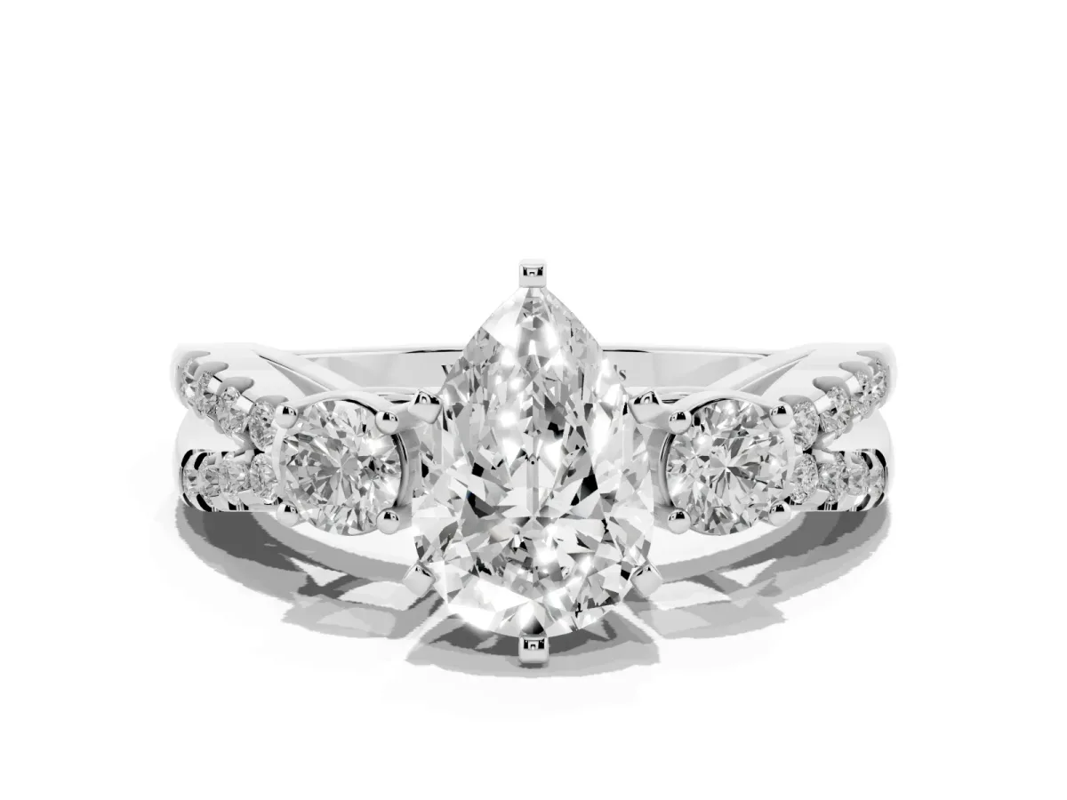 Pear Cut Diamond Three-Stone Ring with Pavé Split Shank and Four-Prong Setting Platinum