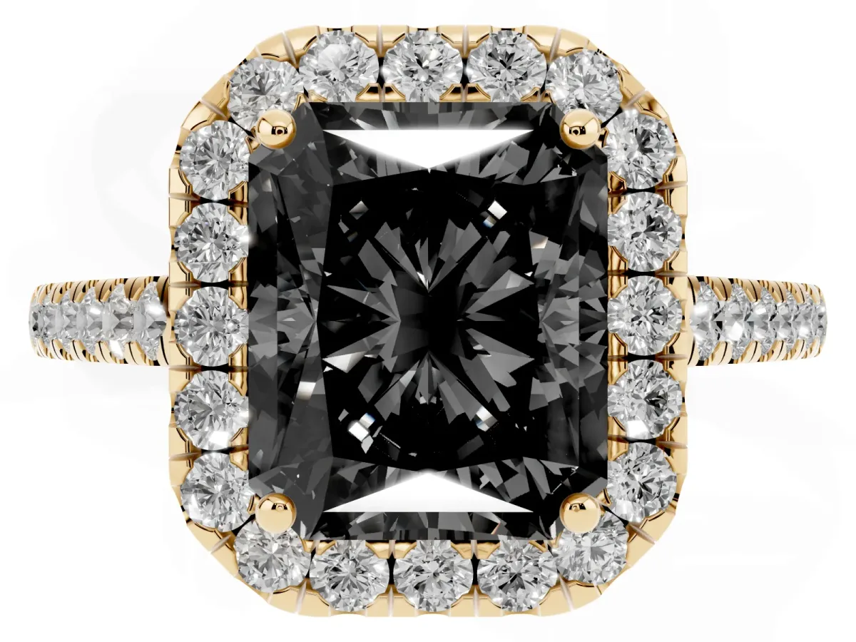 Fancy Black Radiant Cut Halo Pave Diamond Engagement Ring with Four-Prong Setting Yellow gold