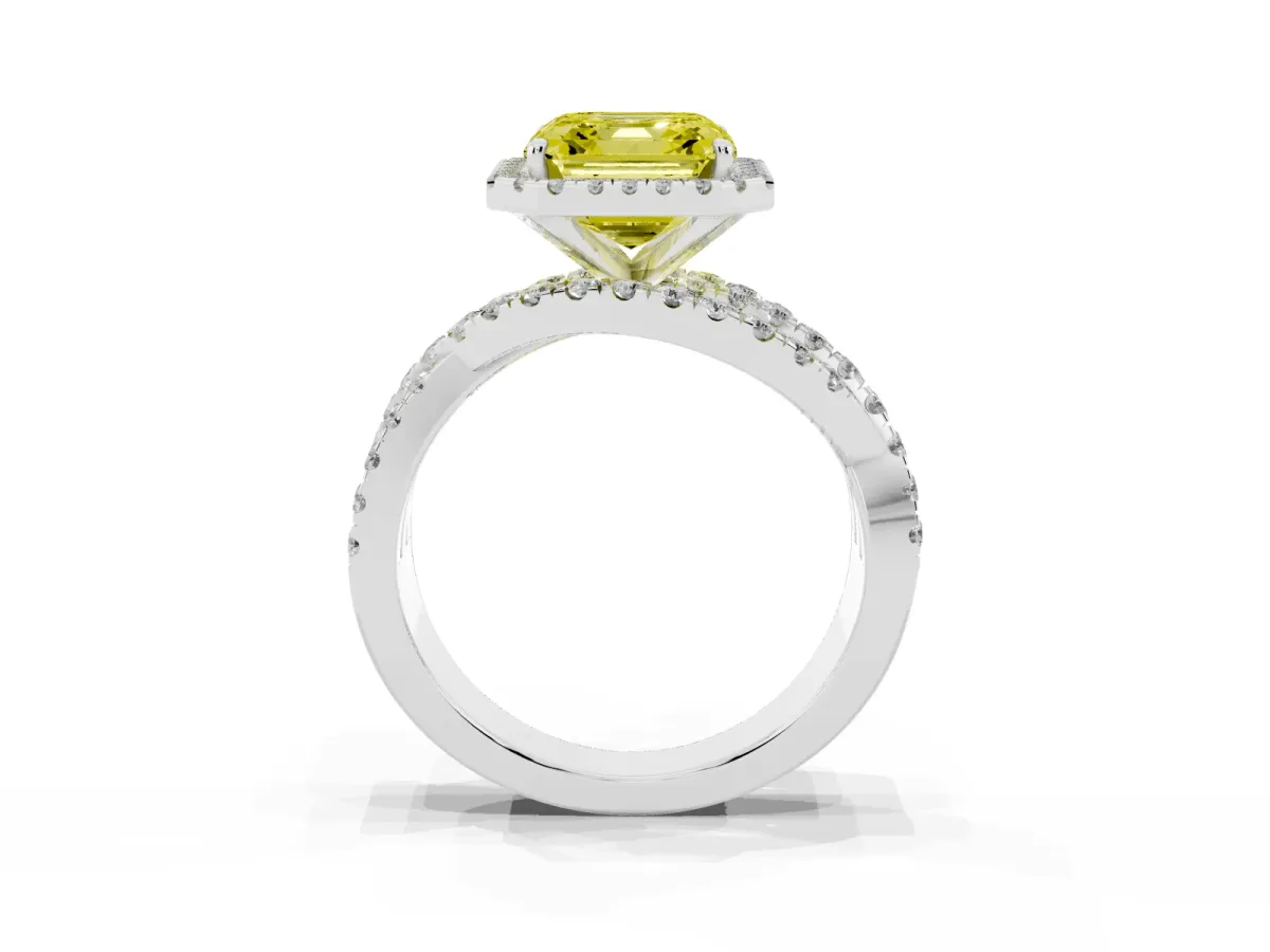 Fancy Yellow Asscher Cut Diamond Halo Ring with Round Split Shank and Prong Setting Silver
