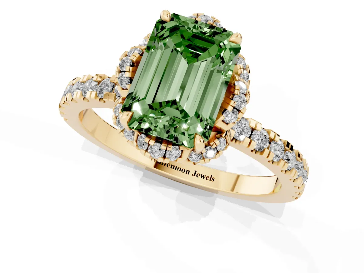 Fancy Green Emerald Cut Halo Diamond Pave Band Ring with Four-Prong Setting Yellow gold