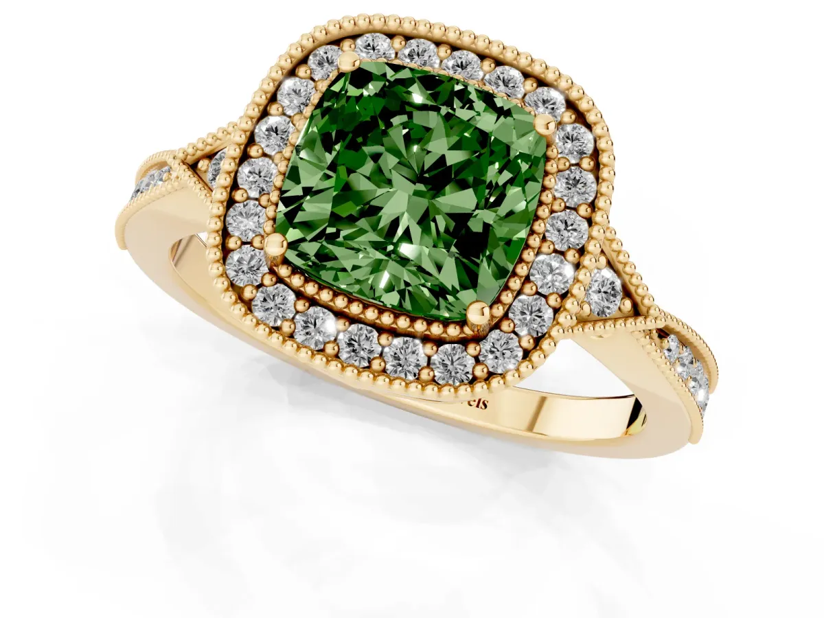 Fancy Green Cushion Cut Halo Round Diamond Milgrain Pave Engagement Ring Yellow gold