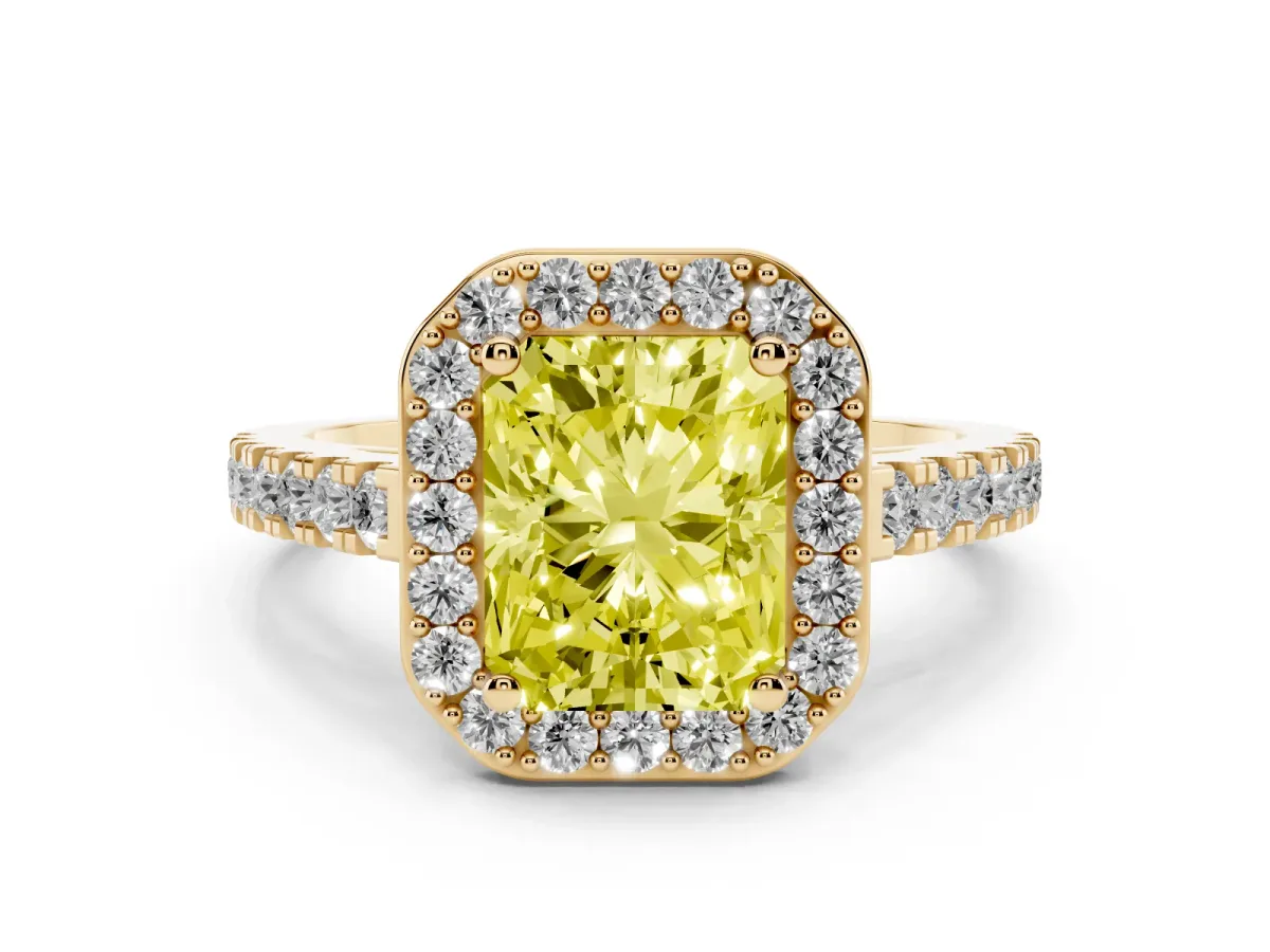 Fancy Yellow Radiant Cut Diamond Halo Ring with Round Pavé Split Shank and Prong Setting Yellow gold