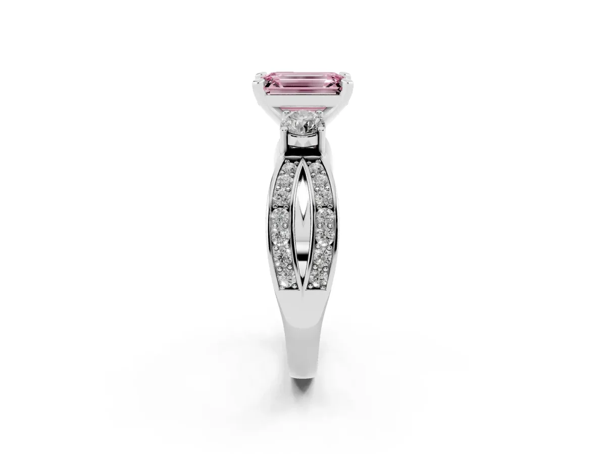 Fancy Pink Three-Stone Emerald Cut Cut Diamond Twist Band with Prong Setting Platinum
