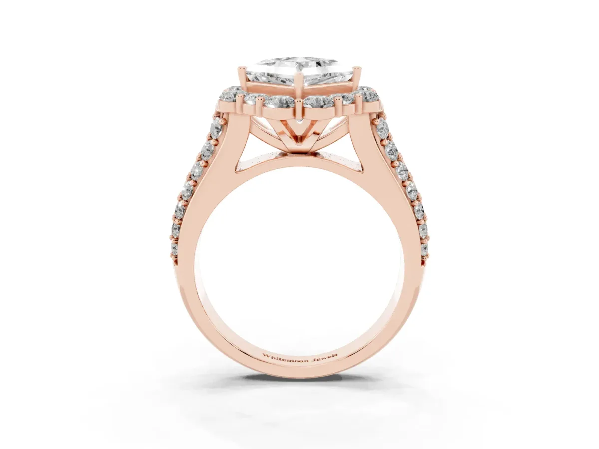 Princess Cut Halo Diamond Engagement Ring with Split Shank and Prong Setting Rose gold