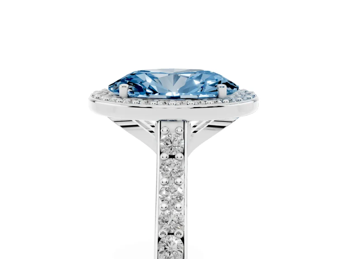 Fancy Blue Oval Cut Diamond Halo Engagement Ring with Round Pavé Shoulders and Prong Setting Platinum