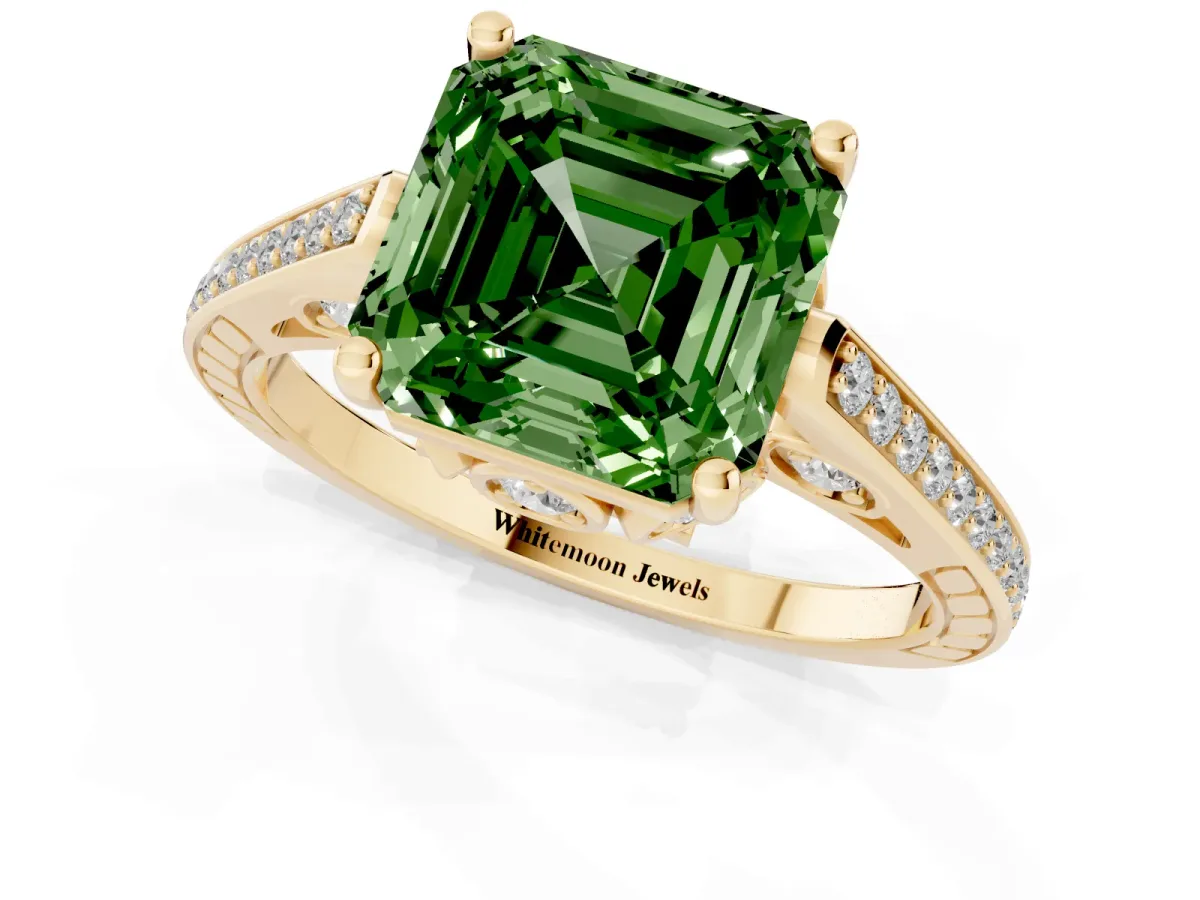 Fancy Green Asscher Cut Cut Cathedral Pave Diamond Engagement Ring with Six-Prong Setting Yellow gold