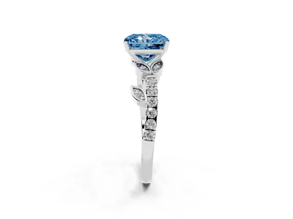 Fancy Blue Radiant Cut Solitaire Leaf-Inspired Diamond Ring with Pavé Band and Four-Prong Setting Silver