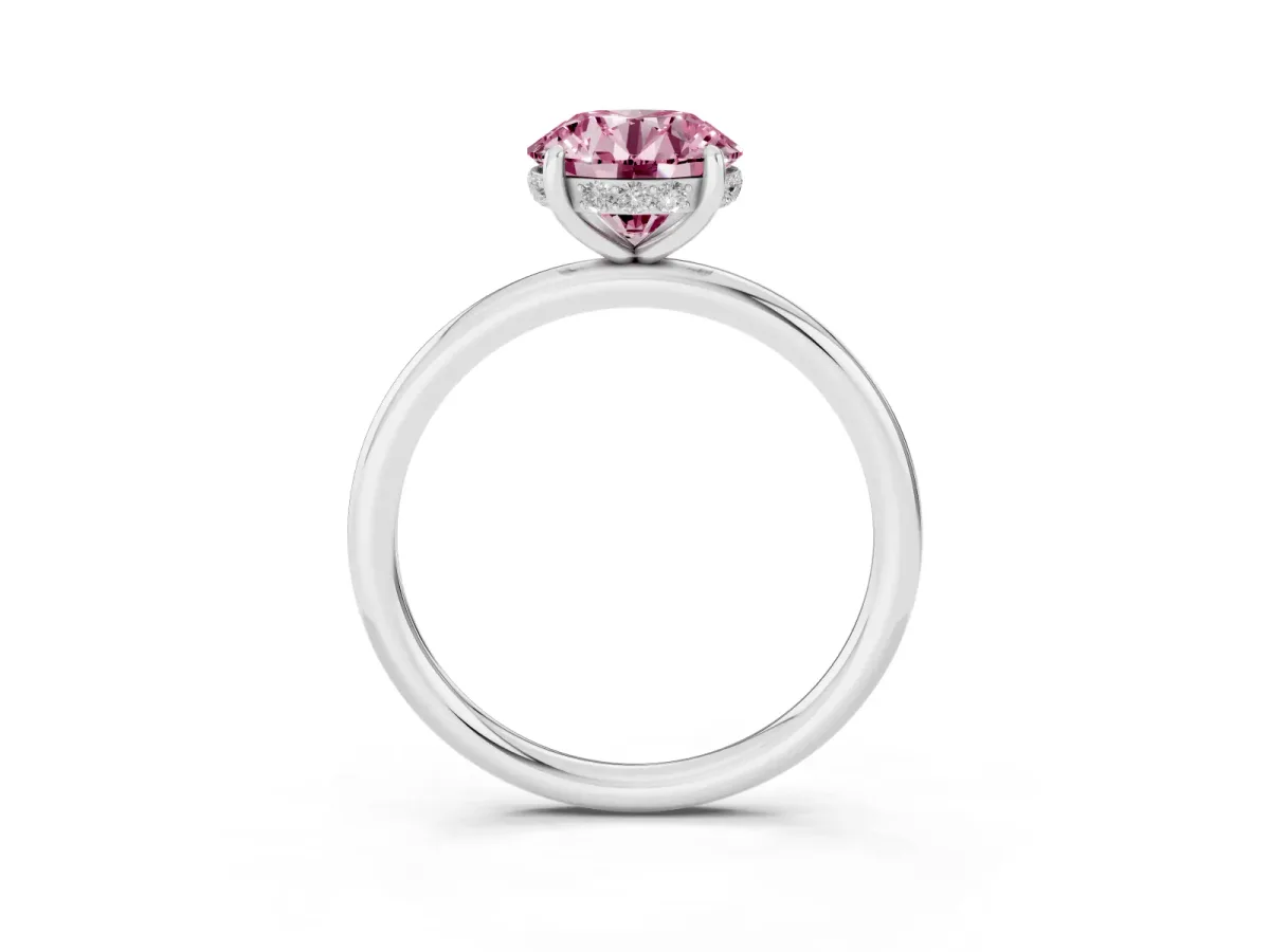 Fancy Pink Round Cut Solitaire Diamond Ring with a Classic Band and Four-Prong Setting Silver
