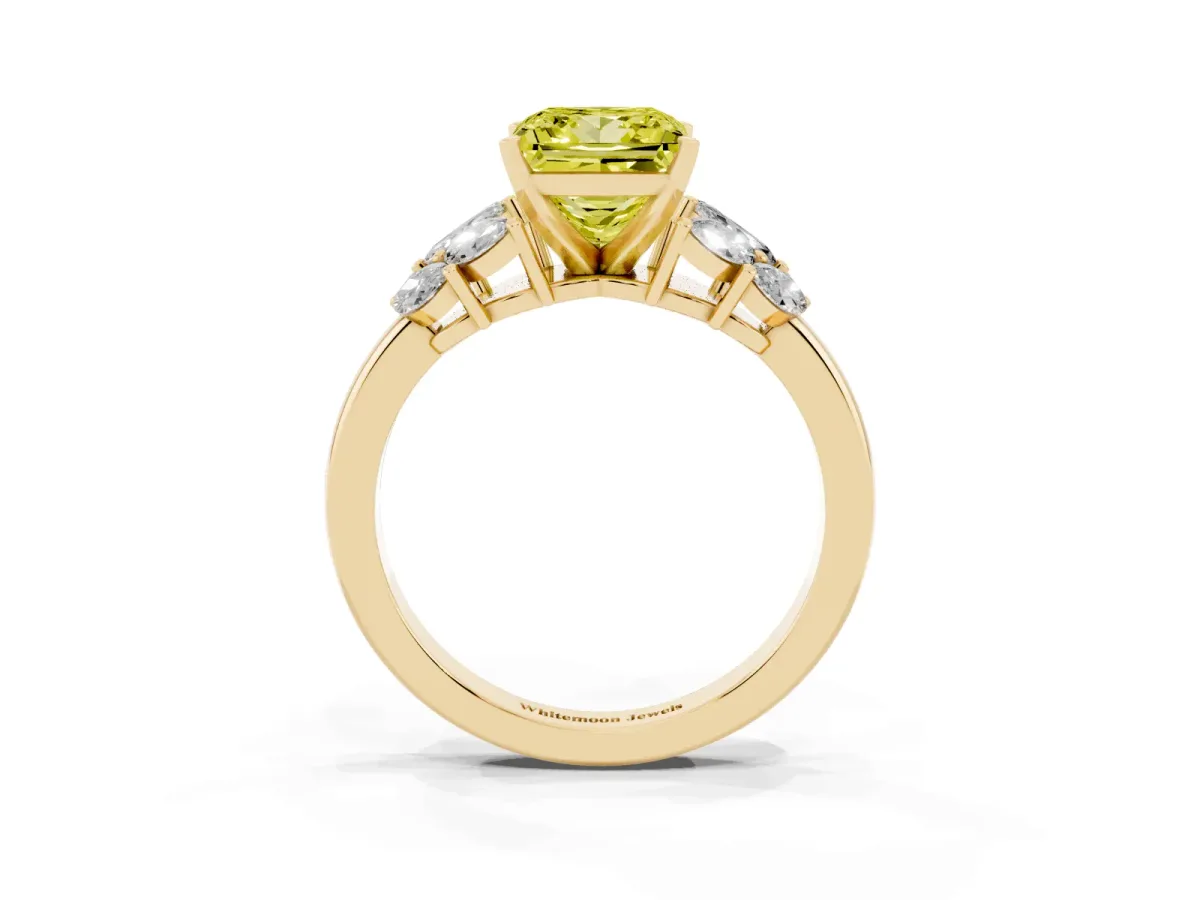 Fancy Yellow Princess Cut Diamond Cluster Leaf Design Ring with Prong Setting Yellow gold