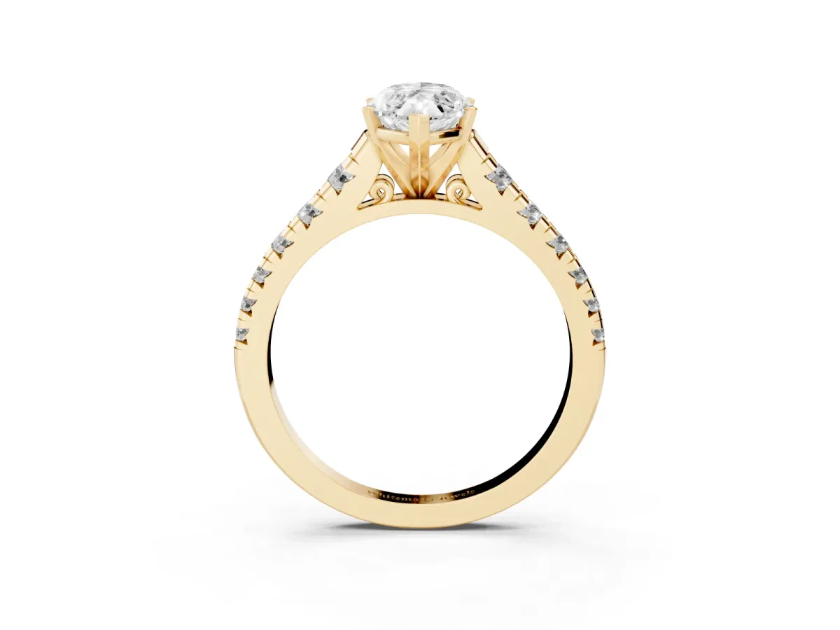 Marquise Cut Diamond Cathedral Solitaire Ring with Round Pavé Band Yellow gold