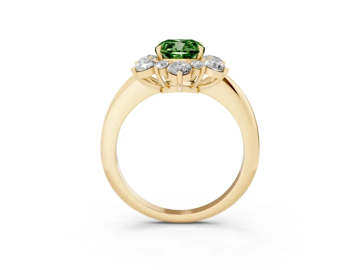 Fancy Green Cushion Cut Diamond Cluster Halo Ring with Solitaire Band and Four-Prong Setting Yellow gold