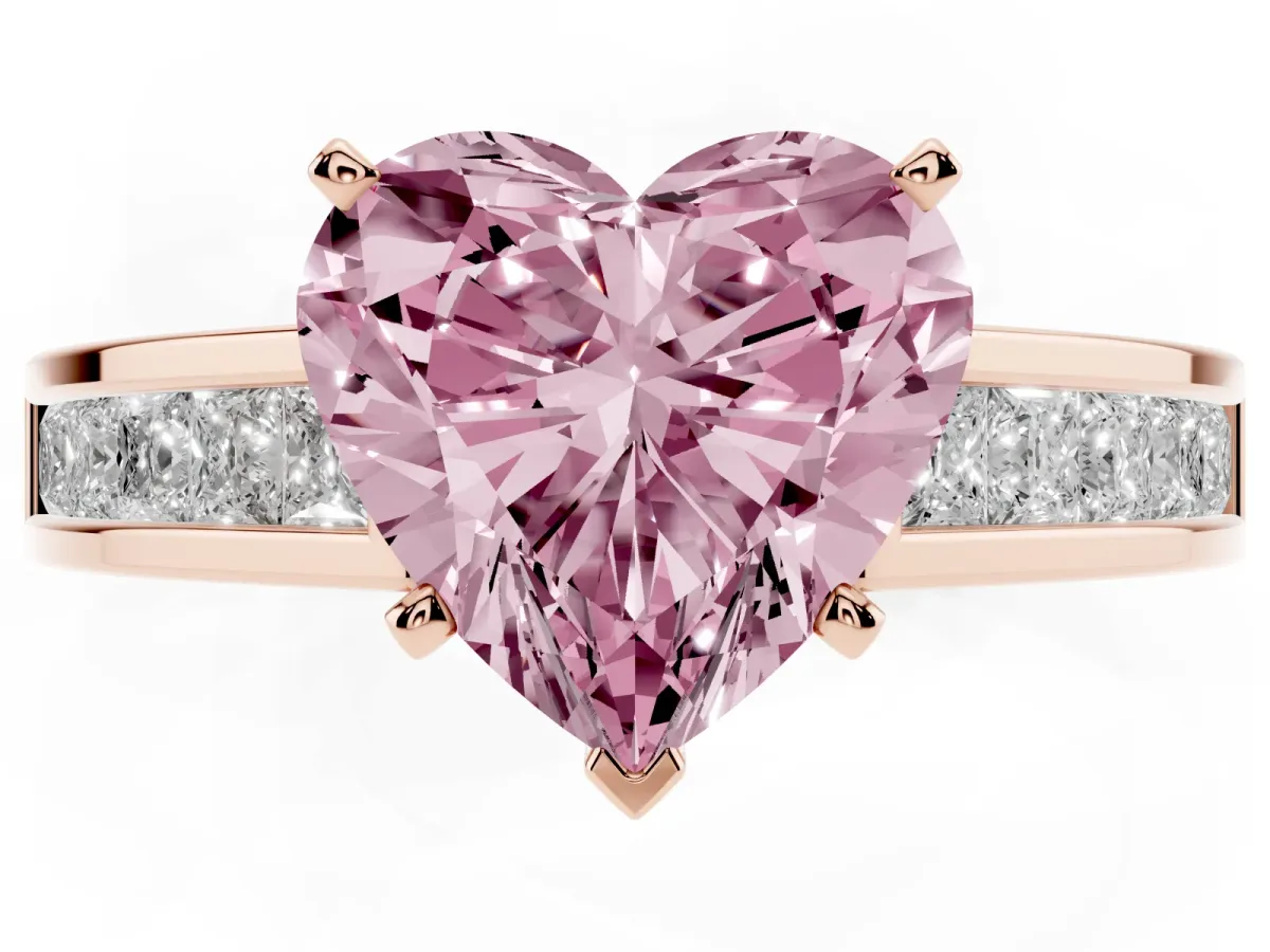Fancy Pink Heart Cut Solitaire Diamond Ring with Channel-Set Band and Four-Prong Setting Rose gold