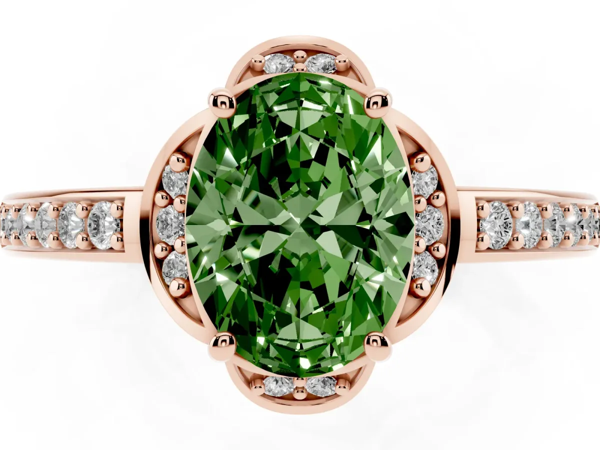 Fancy Green Oval Cut Cut Halo Diamond Ring with Channel Set Band and Four-Prong Setting Rose gold