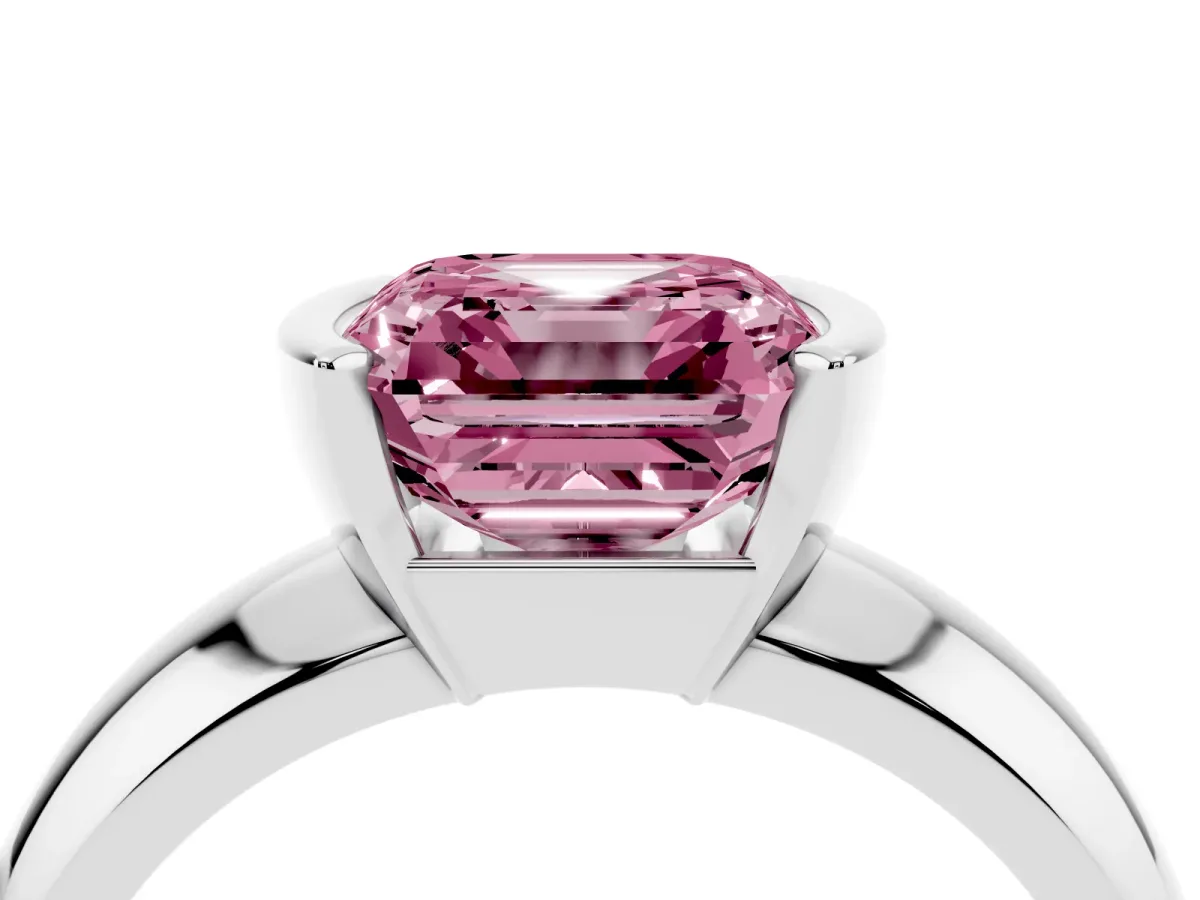 Fancy Pink Asscher Cut Solitaire Tension Set Diamond Ring with Wide Band Silver