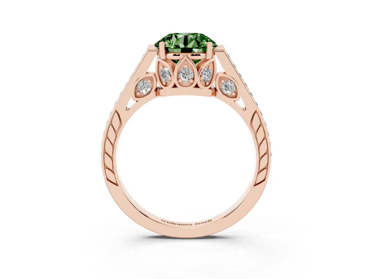 Fancy Green Round Cut Cut Cathedral Pave Diamond Engagement Ring with Six-Prong Setting Rose gold