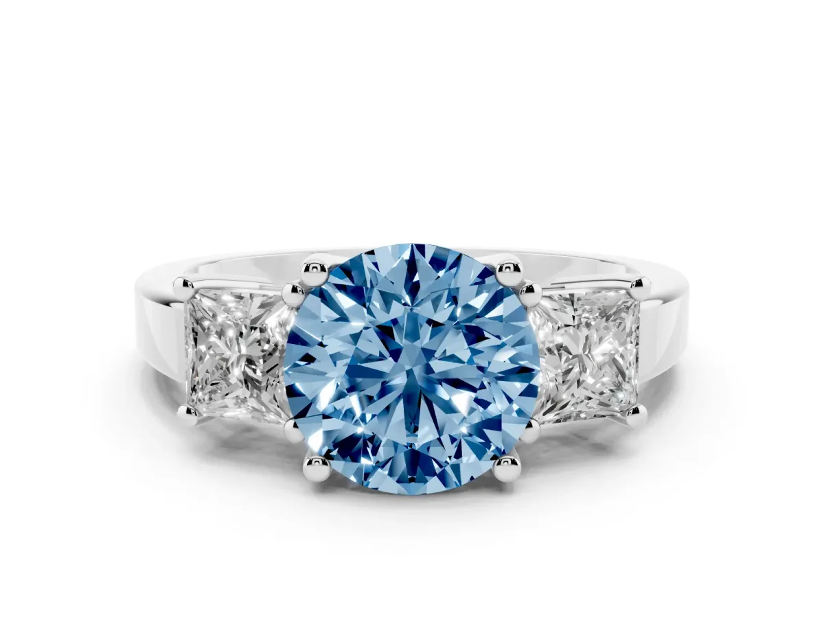 Fancy Blue Three-Stone Round Cut Cut Solitaire Ring with Prong Setting Silver