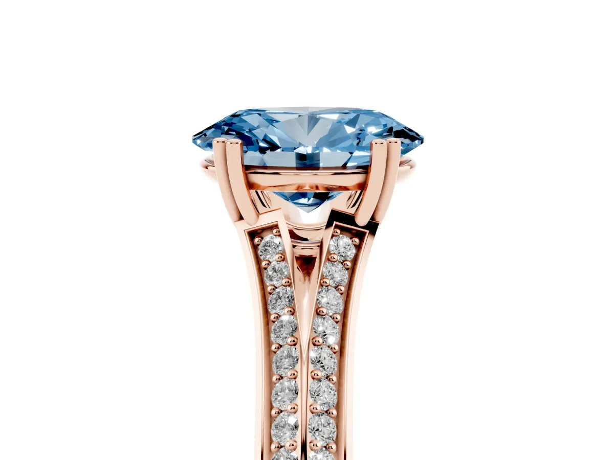 Fancy Blue Oval Cut Diamond Split Shank Engagement Ring with Pavé Band Rose gold