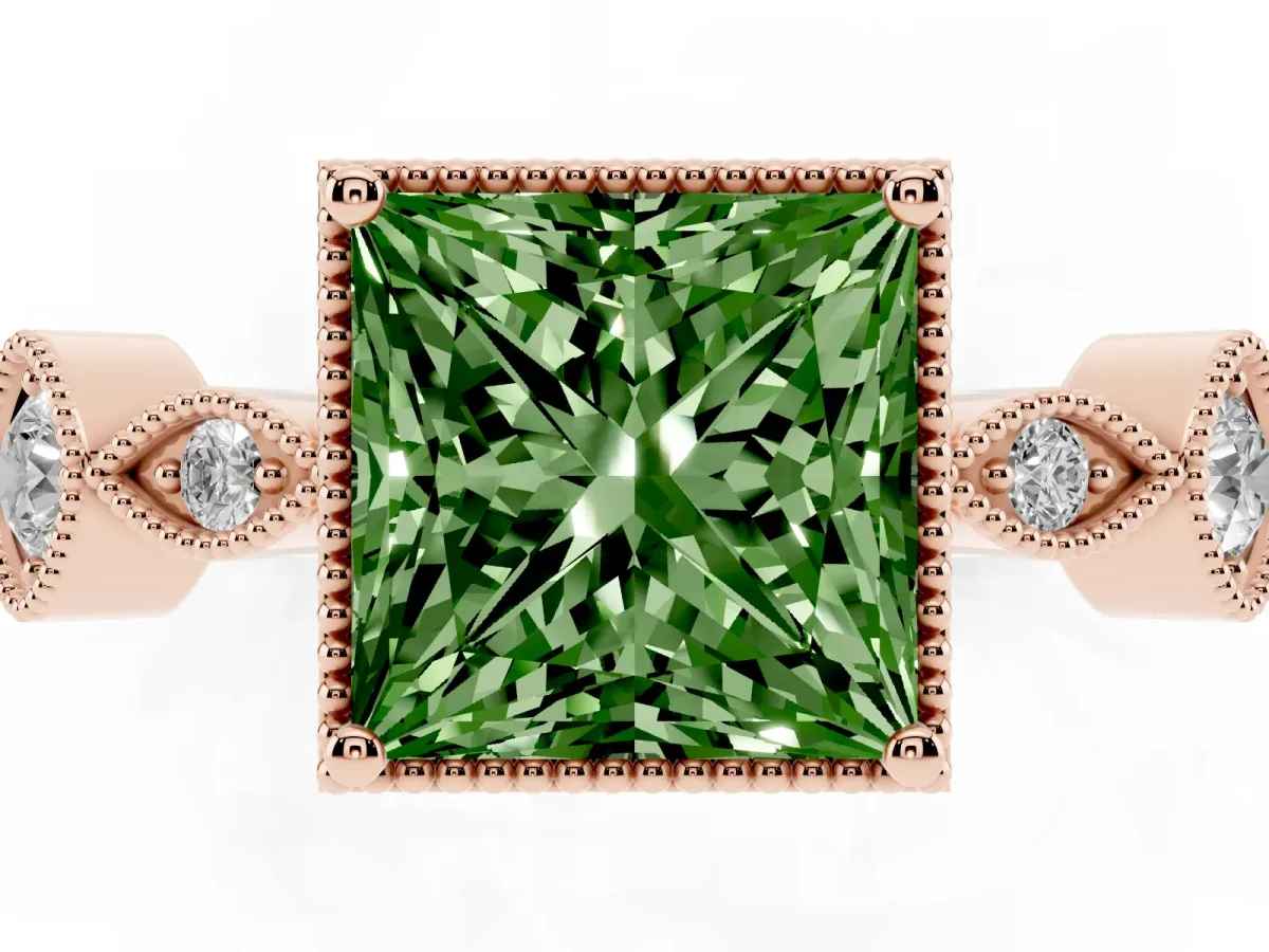 Fancy Green Princess Cut Diamond Vintage Milgrain Ring with Round Stations Rose gold