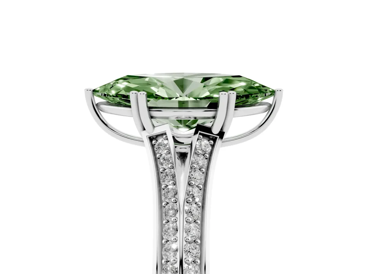 Fancy Green Marquise Cut Diamond Split Shank Engagement Ring with Pavé Band Silver