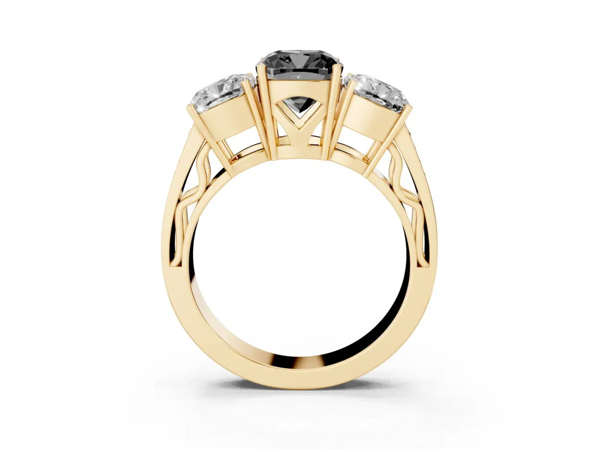 Fancy Black Cushion Cut Diamond Three-Stone Ring with Prong Setting and Textured Band Yellow gold