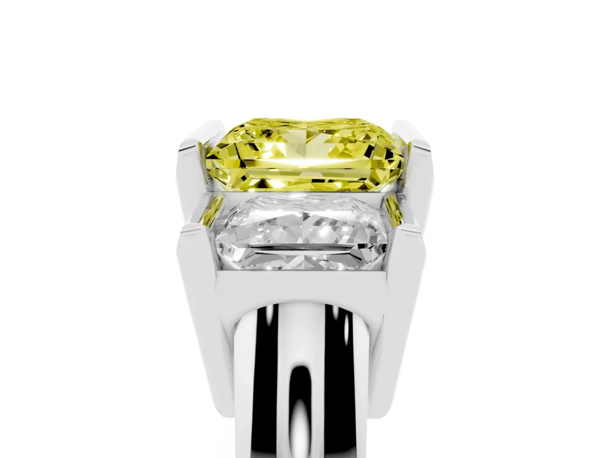 Fancy Yellow Three Stone Princess Cut Cut Channel Set Diamond Ring Silver
