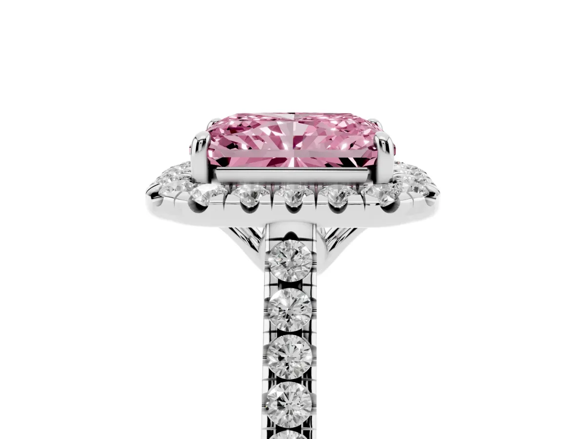 Fancy Pink Radiant Cut Halo Pavé Diamond Engagement Ring with Four-Prong Setting Silver