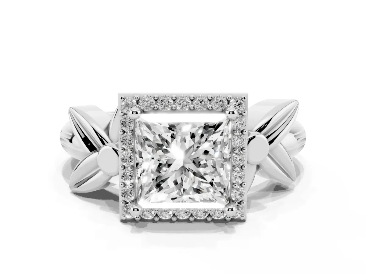 Princess Cut Halo Diamond Floral Band with Four-Prong Setting Platinum