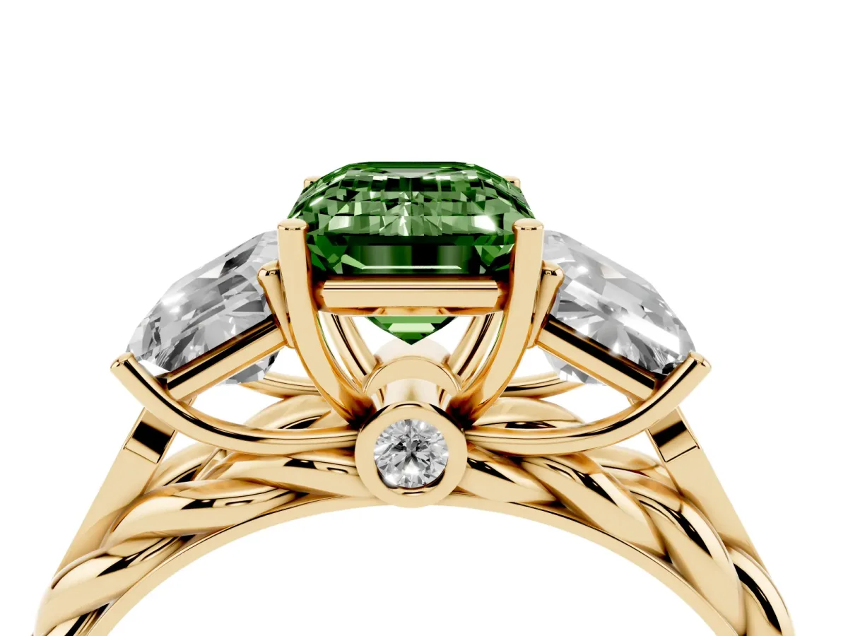 Fancy Green Three-Stone Emerald Cut Diamond Braided Band Ring with Four-Prong Setting Yellow gold
