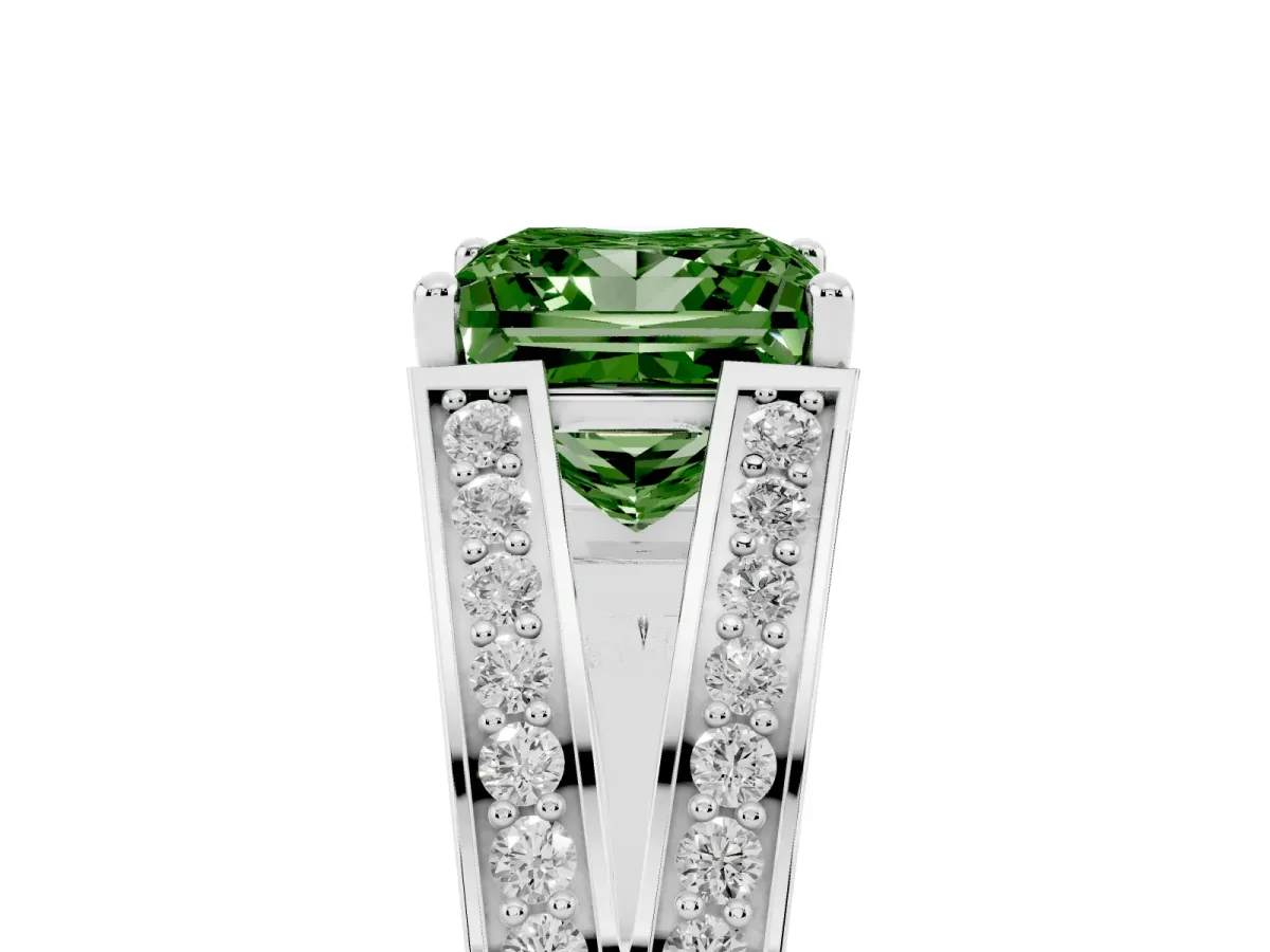 Fancy Green Princess Cut Diamond Split Shank Ring with Pavé Band and Four-Prong Setting Platinum