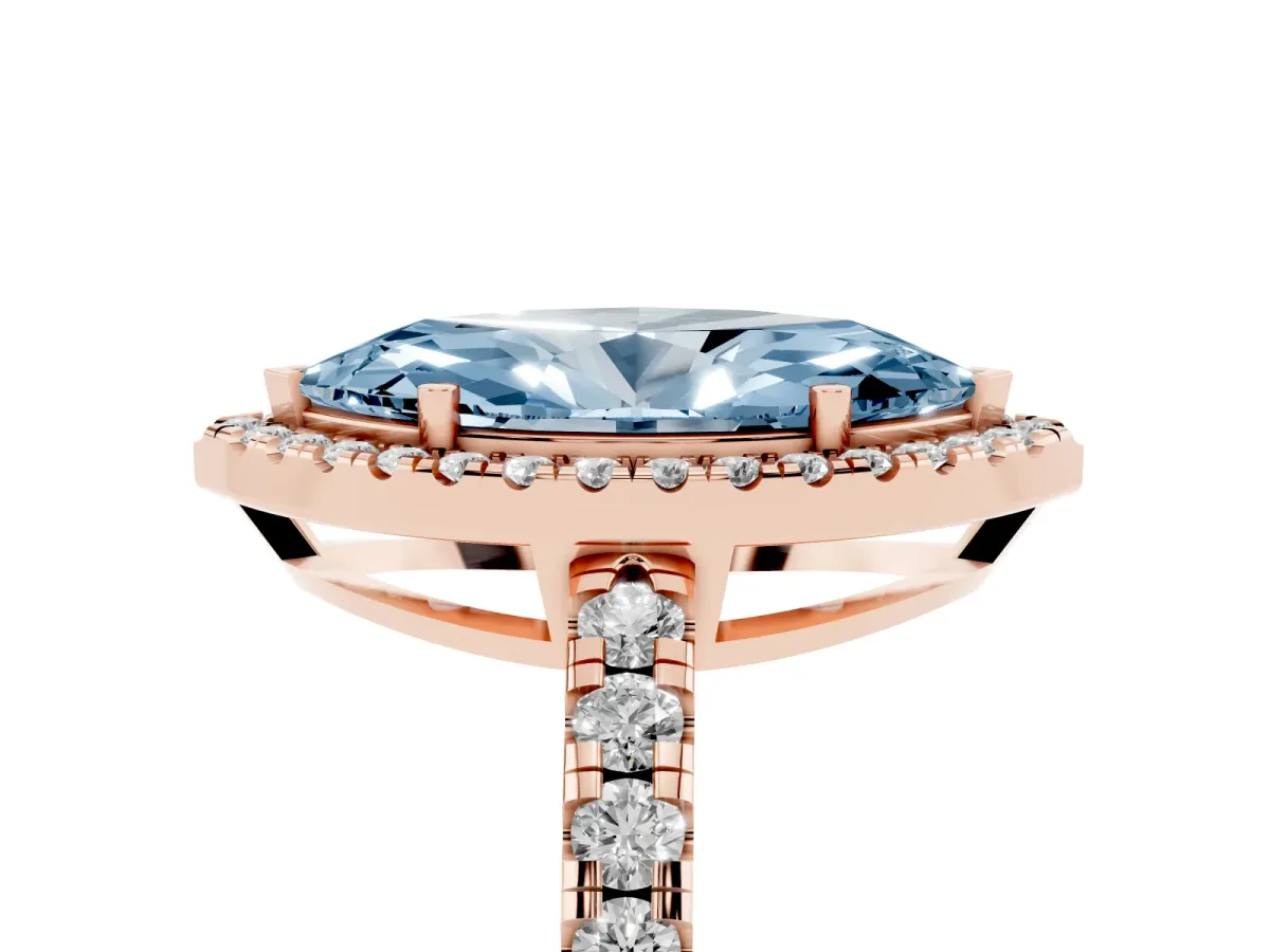 Fancy Blue Marquise Cut Diamond Halo Ring with Pavé Band and Four-Prong Setting Rose gold