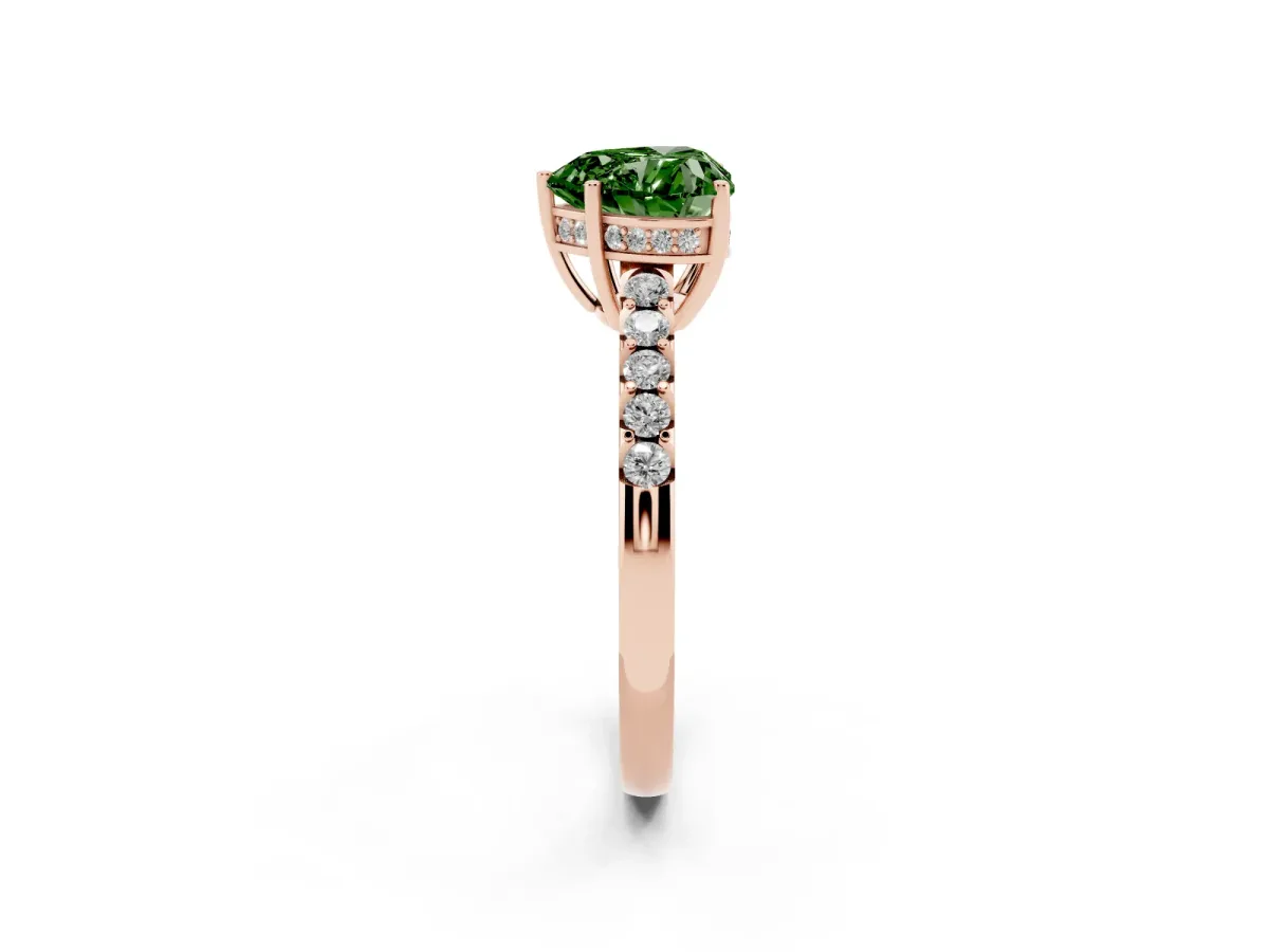 Fancy Green Heart Cut Solitaire Diamond Engagement Ring with Pavé Band and Six-Prong Setting Rose gold