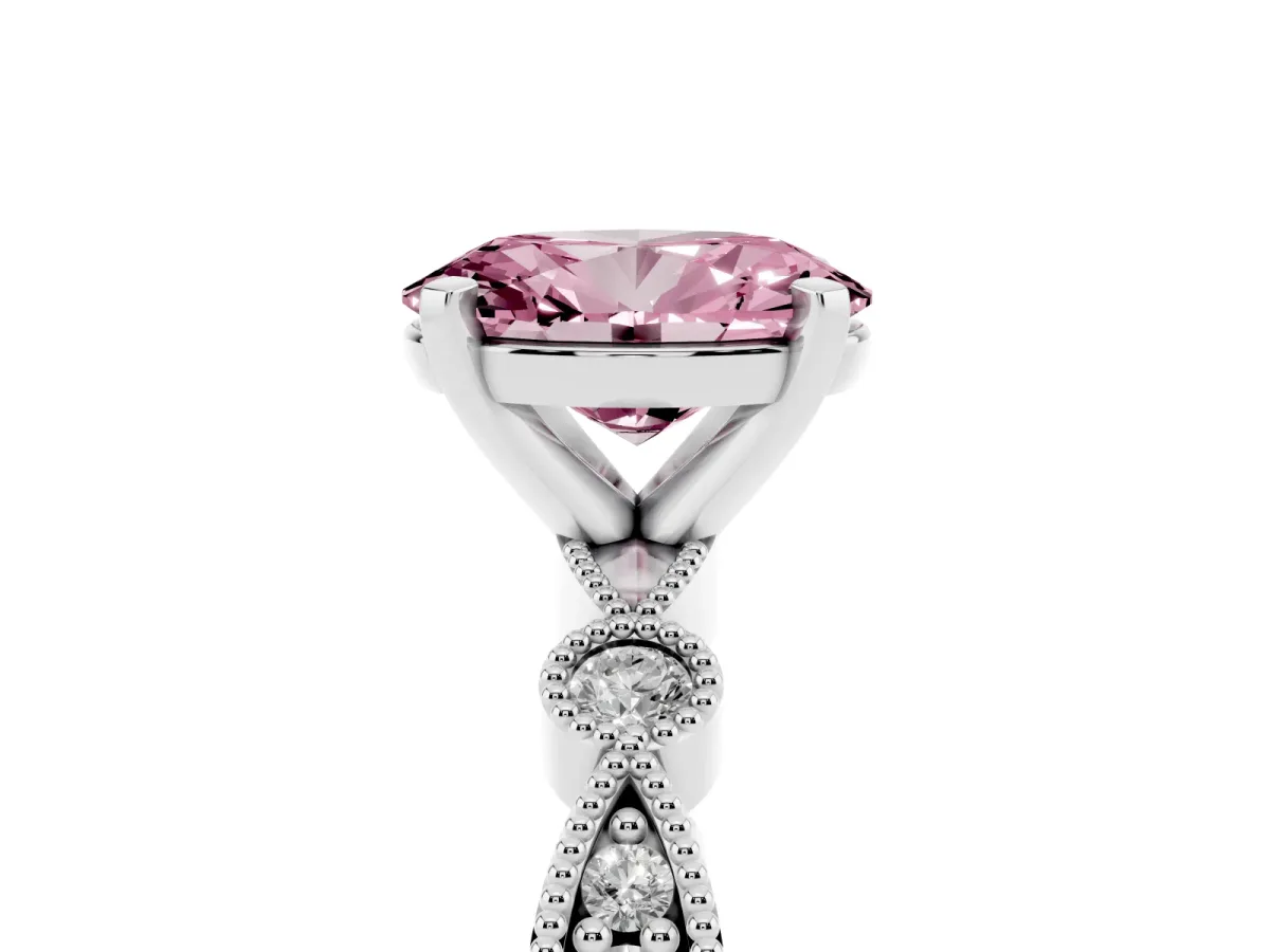 Fancy Pink Oval Cut Milgrain Bezel Diamond Engagement Ring with Solitaire Prong Setting Platinum