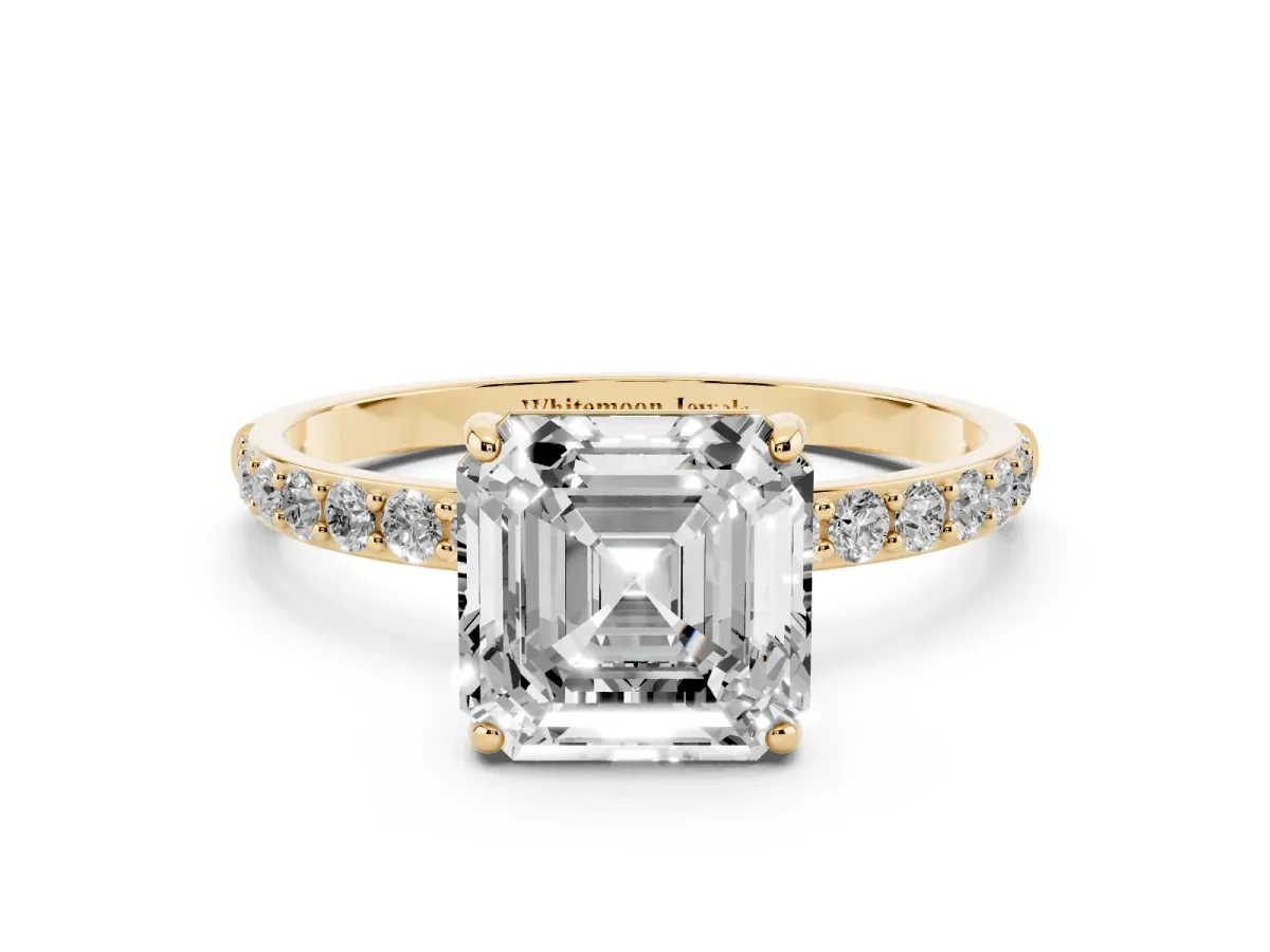 Asscher Cut Diamond Solitaire Ring with Round Pavé Shoulders and Prong Setting Yellow gold