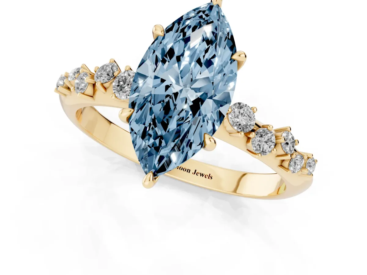 Fancy Blue Marquise Cut Diamond Cluster Side Stone Solitaire Ring with Prong Setting Yellow gold