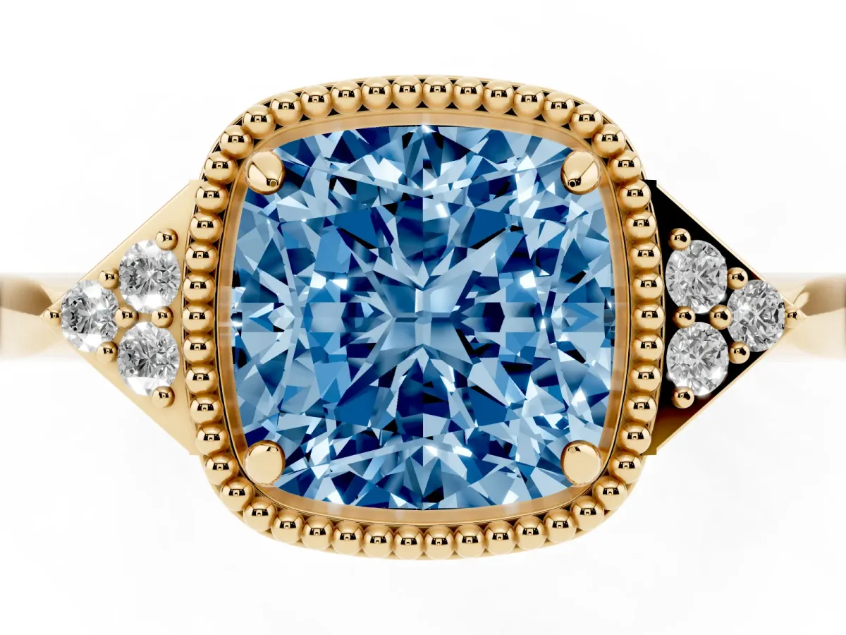 Fancy Blue Cushion Cut Diamond Halo Ring with Tapered Band and Four-Prong Setting Yellow gold