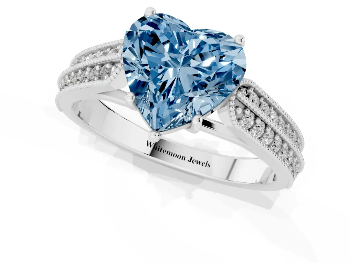 Fancy Blue Heart Cut Cut Pave Split Shank Engagement Ring with Four-Prong Setting Silver