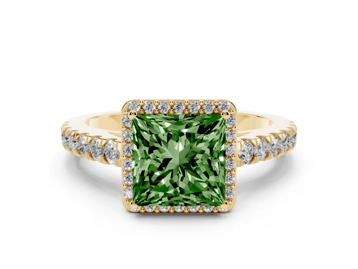 Fancy Green Princess Cut Cut Halo Diamond Engagement Ring with Pave Band and Four-Prong Setting Yellow gold