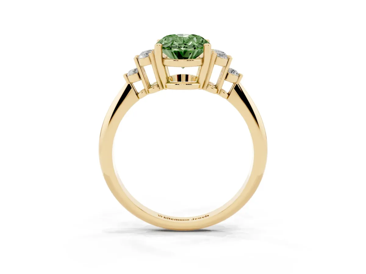 Fancy Green Oval Cut Cut Diamond Cluster Ring with Solitaire Band and Four-Prong Setting Yellow gold