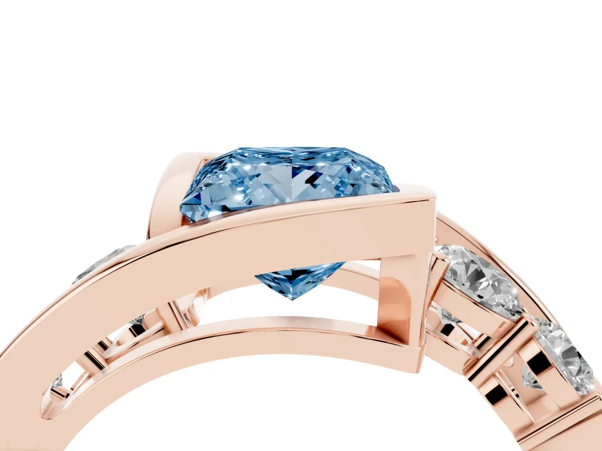 Fancy Blue Bezel Set Princess Cut Diamond Bypass Ring with Round Accents Rose gold