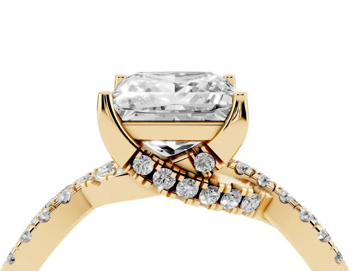 Princess Cut Solitaire Twist Pave Diamond Engagement Ring with Prong Setting Yellow gold