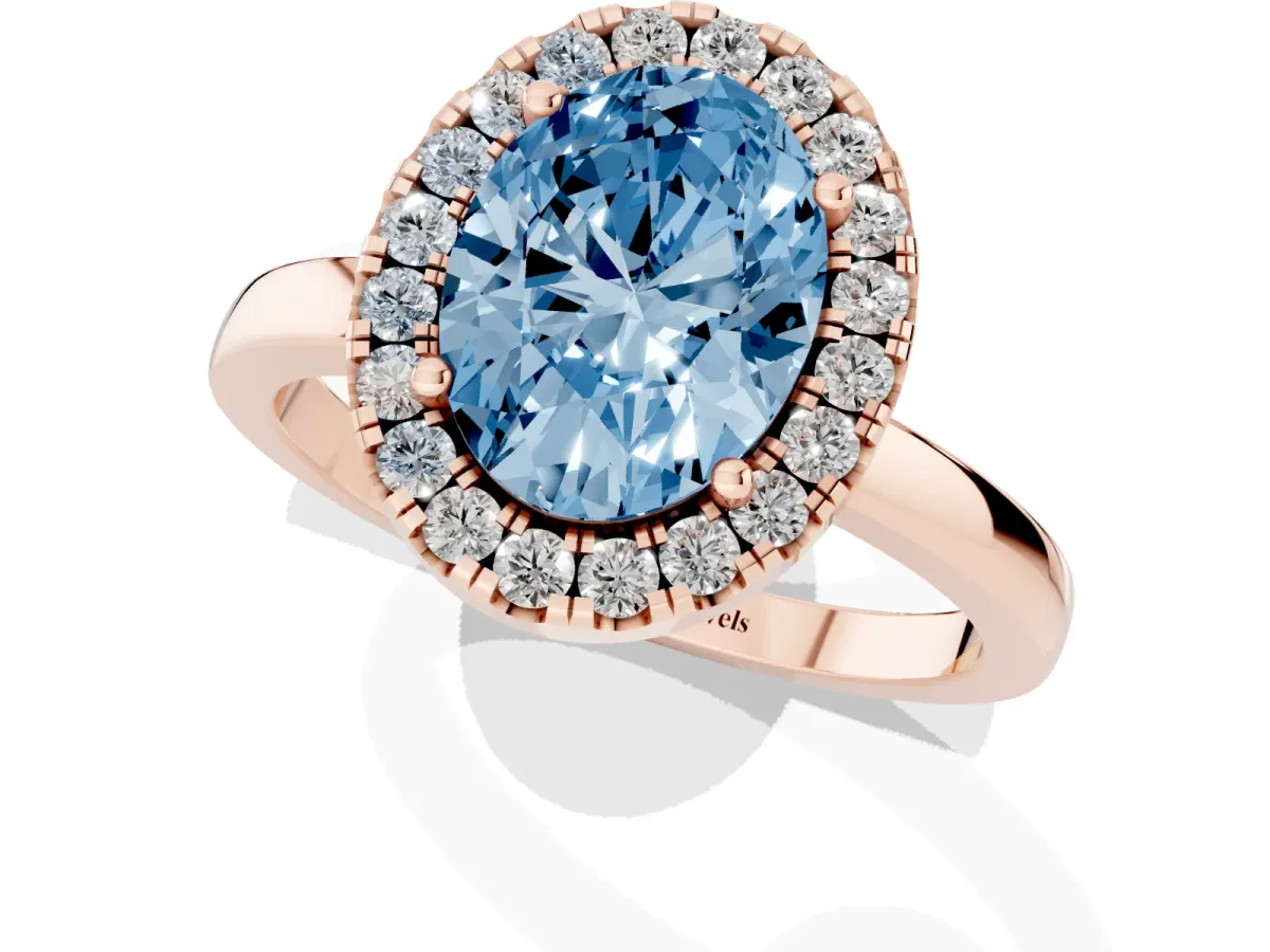 Fancy Blue Oval Cut Halo Diamond Solitaire with Pavé Band and Four-Prong Setting Rose gold