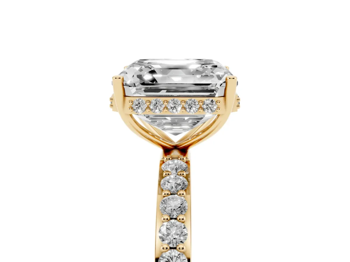 Asscher Cut Diamond Solitaire Ring with Pavé Band and Hidden Halo Yellow gold