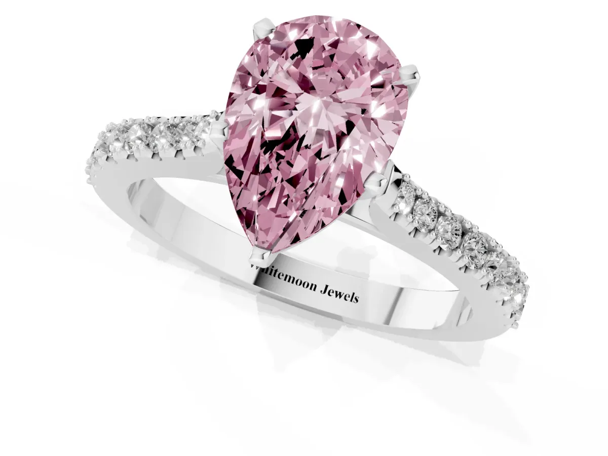 Fancy Pink Pear Cut Cut Solitaire Diamond Engagement Ring with Pave Band and Four-Prong Setting Platinum